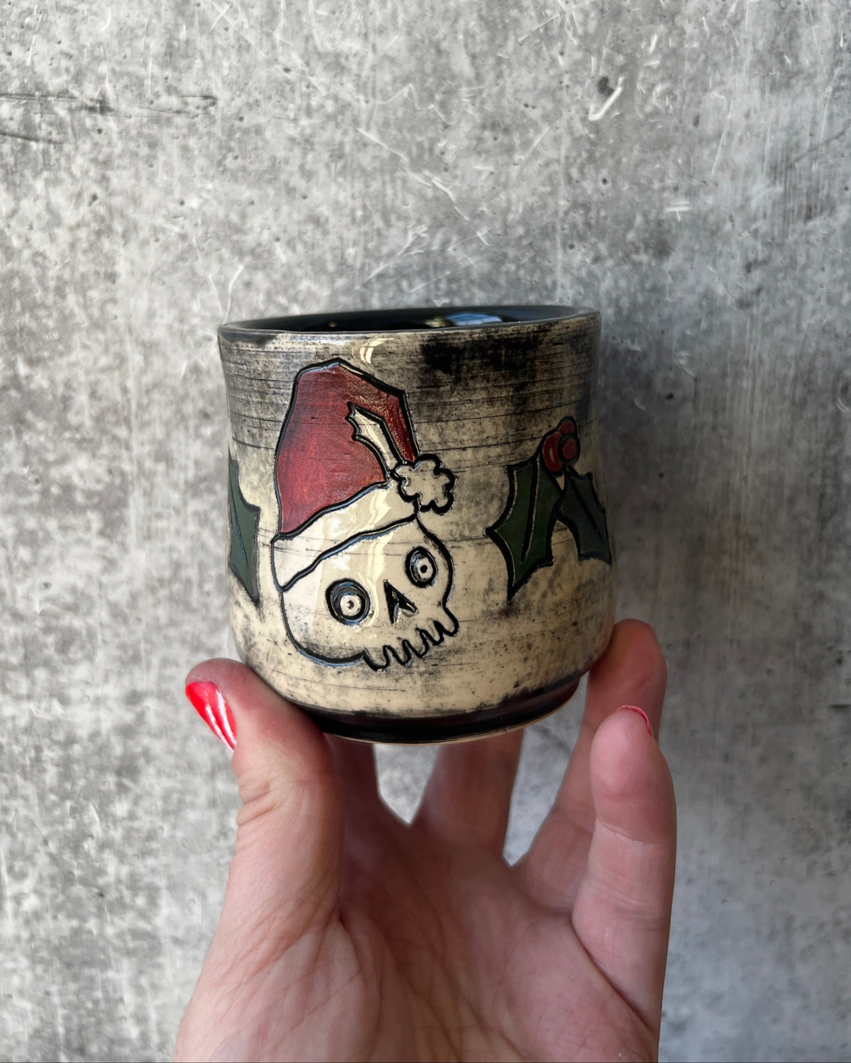 Skeleton Santa & Holly Cup